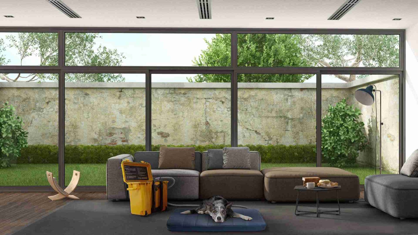 A dog resting on a Pulse PEMF pad in a modern living room beside the portable unit